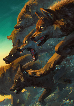 ambiguous_gender angry brown_body brown_fur claws feral fur green_background group open_mouth pawpads sharp_teeth side_view simple_background teeth akreon cd_projekt_red gwent canid canine canis mammal wolf hi_res official_art