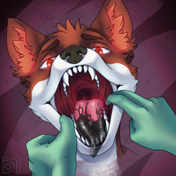 clothing fangs_bared finger_in_mouth fur gloves glowing glowing_ears glowing_eyes goo_tongue handwear looking_at_viewer male mouth_shot open_mouth presenting_mouth red_body red_eyes red_fur severed_body_part slime solo teeth uvula white_body white_fur domidonga sulien_(oliverward) canid canine canis jackal mammal 1:1 absurd_res hi_res