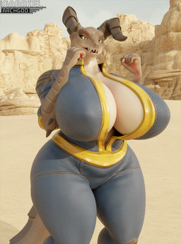 2_horns anthro big_breasts breasts clothing day female horn huge_breasts jumpsuit outside pupils sand slit_pupils solo standing tail thick_thighs vault_suit wide_hips yellow_eyes gabrielarchgod vulgarvictor_(modeler) fallout microsoft mommyclaw_(vulgarvictor) deathclaw scalie 3d_(artwork) digital_media_(artwork) hi_res