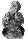 anthro areola breast_grab breasts duo eyes_closed face_in_breasts female front_view hand_on_breast head_between_breasts male male/female nipples tongue tongue_out doctordj dark_souls fromsoftware human legged_snake mammal manserpent reptile scalie snake hi_res monochrome