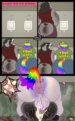 anal anal_hair anal_penetration animal_genitalia animal_penis anthro bathroom bathroom_sex black_hair bodily_fluids body_hair butt_hair cum cum_in_ass cum_inside duo equine_genitalia equine_penis from_front_position genital_fluids genitals hair hairy horn impregnation leaking_cum lying male male/male male_impregnating_male male_impregnation mating_press missionary_position multicolored_hair musk musky_balls musky_butt musky_feet musky_penis on_back penetration penile penile_penetration penis penis_in_ass pregnant pregnant_male public_restroom rainbow_hair rainbow_sprinkles_(jadetanuki) restroom_stall sex truck_stop trucker urinal jadetanuki mythology titan_(titantuskin) bovid bovine cattle elephant elephantid equid equine hybrid mammal mythological_creature mythological_equine proboscidean unicorn 5:8 absurd_res comic hi_res