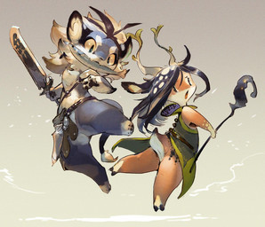 3_toes 4_fingers ambiguous_gender anthro antlers biped black_body black_fur black_hair black_pawpads blue_body blue_fur chest_tuft dagger duo fangs featureless_crotch feet fingers fur gradient_background hair holding_melee_weapon holding_object holding_staff holding_sword holding_weapon horn kemono mane melee_weapon multicolored_body multicolored_fur object_in_mouth open_mouth orange_body orange_fur pawpads simple_background staff sword teeth toes tuft weapon white_body white_fur white_mane ovopack aquatic canid canine canis deer fish mammal wolf 2014 hi_res