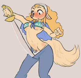 5_fingers accident accidental_exposure anthro biped blush blushing_profusely bottomwear bottomwear_pull bra cape clothing clothing_pull eyebrows female female_anthro fingers fur genitals hair headgear headkerchief headwear kerchief looking_down melee_weapon monotone_background orange_hair panties pants pants_pull panty_pull raised_eyebrows simple_background standing sword tan_body tan_fur underwear underwear_pull vulva weapon sunnyhoneybone one_piece wanda_(one_piece) canid canine canis domestic_dog mammal minkmen_(one_piece) digital_drawing_(artwork) digital_media_(artwork) hi_res
