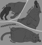 ambiguous_gender ambiguous_pred ambiguous_prey belly big_belly duo eyes_closed feral lying mouth_closed neck_bulge on_front oral_vore quadruped simple_background vore roobin felid mammal hi_res monochrome