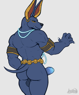 anthro backsack balls biceps black_body black_fur butt ear_piercing ear_ring erection fangs foreskin fur genitals humanoid_genitalia humanoid_penis looking_at_viewer looking_back male muscular muscular_anthro muscular_male nude partially_retracted_foreskin penis piercing ring_piercing simple_background solo standing tail teeth artejaxton dislyte lilith_games drew_(dislyte) anubian_jackal canid canine canis jackal mammal absurd_res digital_media_(artwork) hi_res