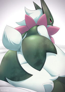 ambiguous_gender anthro butt fur green_body green_butt green_fur green_legs green_tail light_body light_fur looking_at_viewer looking_back looking_back_at_viewer pink_body rear_view solo tail rusho nintendo pokemon generation_9_pokemon meowscarada pokemon_(species) hi_res