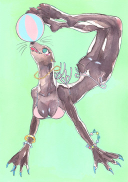 anthro ball beach_ball bikini bracelet breasts brown_body brown_fur butt claws clothed clothing female fur green_background inflatable jewelry membrane_(anatomy) nails necklace open_mouth pink_clothing pink_swimwear simple_background solo string_bikini swimwear two-piece_swimsuit webbed_hands kyokyota aquatic california_sea_lion mammal pinniped sea_lion 2024 hi_res painting_(artwork) traditional_media_(artwork) watercolor_(artwork)