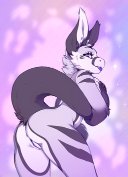 anthro anus black_markings black_stripes blep breasts butt clitoral_hood fangs female fur genitals holding_tail inner_labia long_tail markings neck_tuft nude outer_labia purple_body purple_eyes purple_fur purple_tongue rear_view simple_background solo striped_body striped_fur stripes tail teeth tongue tongue_out tuft vulva white_body white_fur smileeeeeee mythology freya_(witt_wittman) ferrin colored digital_media_(artwork) hi_res portrait three-quarter_portrait