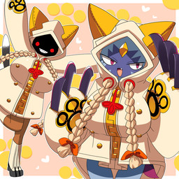 3_claws anthro bent_leg big_breasts biped border braided_pigtails breasts brown_body brown_skin claws clothed clothed_anthro clothed_female clothed_humanoid clothing cosplay crossover_cosplay cute_fangs dipstick_tail dot_eyes duo empty_eyes eyelashes fangs female female_anthro female_humanoid footwear forehead_gem gem grey_tail hair hoodie huge_breasts kemono looking_at_viewer markings multicolored_body on_one_leg open_mouth open_smile pupils purple_claws red_eyes shadow_face sharp_teeth simple_eyes slit_pupils smile smiling_at_viewer standing tail tail_markings tan_clothing tan_hair tan_hoodie tan_topwear teeth topwear two_tone_tail white_border white_sclera white_tail white_tail_tip zipper lets0020 arc_system_works blazblue nintendo pokemon taokaka animal_humanoid cat_humanoid felid felid_humanoid feline feline_humanoid generation_8_pokemon humanoid kaka_(blazblue) mammal mammal_humanoid pokemon_(species) sneasler 1:1 2026 cel_shading crossover digital_drawing_(artwork) digital_media_(artwork) hi_res shaded