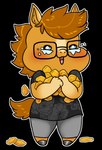 anthro black_background brown_hair brown_tail chicken_meat chicken_nugget clothed clothing eyewear female food front_view fur glasses hair holding_food holding_object meat open_mouth open_smile orange_body orange_fur simple_background simple_eyes smile solo standing tail tiggybloom pone_(uncouthpone) equid equine horse mammal 2018 full-length_portrait hi_res portrait