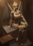 anthro art_nouveau beak biped blueprint breasts crossed_legs female looking_at_viewer machine non-mammal_breasts nude red_eyes sitting smile solo text wings honovy philomela_smithwrought android avian robot robot_anthro 2019 digital_media_(artwork) english_text signature