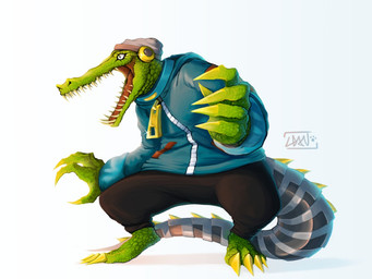 4_toes 5_fingers anthro barefoot beanie biped bottomwear claws clothed clothing cybernetics electronics feet fingers fully_clothed green_body green_scales hat headgear headphones headwear jacket looking_aside machine male metal_tail pants prosthetic prosthetic_limb prosthetic_tail pupils roaring scales sharp_teeth simple_background slit_pupils solo standing teeth toes tongue topwear white_background zipper awesomecuza lethal_league latch crocodile crocodilian reptile scalie 4:3