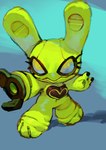 anthro arm_cannon armor biped breastplate chibi eyelashes female green_body long_ears machine ranged_weapon simple_background solo toy weapon koki lagomorph leporid mammal rabbit robot absurd_res digital_media_(artwork) digital_painting_(artwork) hi_res painting_(artwork)