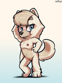 3_fingers 3_toes anthro bangs blue_eyes breasts feet female fingers flat_chested freckles fur genitals grey_body hair hand_on_hip looking_aside looking_away looking_back navel nipples nude outline simple_background solo standing toes tuft vulva young young_anthro nottrevbe bluey_(series) judo_(bluey) canid canine canis chow_chow domestic_dog mammal spitz 2022 digital_media_(artwork) hi_res watermark