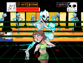 anthro bone boxing boxing_gloves boxing_shorts bra bruised bruised_belly bruised_cheek bruised_face clothing duo face_punch female fighting_ring handwear punch skeleton sport sports_bra underwear netto-painter undertale undertale_(series) chara_(undertale) gaster_blaster sans_(undertale) human mammal hi_res