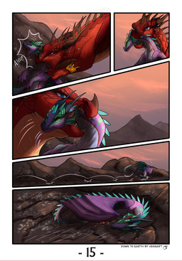 ambiguous_gender blue_eyes cloud day duo ear_piercing ear_ring fangs feral frill_(anatomy) green_body green_scales horn jewelry long_neck membrane_(anatomy) membranous_frill membranous_wings mountain necklace nose_spike outside piercing purple_body purple_scales red_body red_scales ring_piercing scales sharp_teeth sky snout teeth wings vensart mythology wings_of_fire laurel_(vensart) dragon mythological_creature mythological_scalie rainwing_(wof) scalie skywing_(wof) comic hi_res shaded