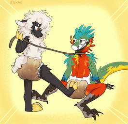 ambiguous_gender anthro big_diaper big_plushie blue_body blue_feathers claws collar diaper diaper_in_face duo eyes_closed feathered_crest feathered_tail feathers feces green_body green_feathers head_crest holding_leash holding_object intersex intersex/male leash male plushie prehistoric red_body red_feathers sitting smug soiled_diaper soiling standing tail unclean_diaper used_diaper yellow_body yellow_feathers diximmo alexian stella_(shapeshifter) dinosaur dromaeosaurid feathered_scalie prehistoric_species reptile saurischian scalie theropod velociraptor hi_res