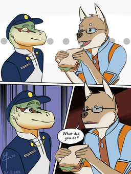 anthro clothing dialogue duo eyewear food glasses gold_(metal) male police police_hat police_officer police_uniform sandwich_(food) suspicion text uniform wearing_glasses worried lino_ttarius joshua_(lino_ttarius) merreander_(lino_ttarius) canid canine lizard mammal reptile scalie 2025 3:4 comic dated english_text hi_res signature