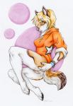 anthro blonde_hair blue_eyes bottomless clothed clothing female fur genitals hair hoodie inner_ear_fluff pawpads paws presenting pussy solo topwear tuft wristband cayleth canid canine canis mammal wolf