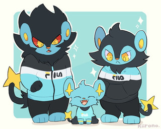 ambiguous_gender anthro black_body black_fur blue_body blue_fur bottomless clothed clothing fur group jacket shirt smile sweater topwear trio yellow_eyes kiirono fila nintendo pokemon felid generation_4_pokemon luxio luxray mammal pokemon_(species) shinx 5:4