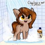 bathing bottle brown_hair bubble container dialogue exclamation_point eyelashes female hair inside looking_at_viewer nude open_mouth open_smile orange_eyes outline shampoo shower showering smile solo steam teeth text tile tongue water wet tjpones hasbro my_little_pony brownie_bun fan_character earth_pony equid equine horse mammal pony 1:1 2018 english_text hi_res