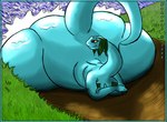 anthro big_breasts big_butt blue_body breasts butt clothed clothing dam female grass hair headgear huge_butt huge_thighs hyper hyper_butt obese obese_anthro obese_female on_ground overweight overweight_anthro overweight_female plant simple_background tail thick_thighs water wide_hips kazecat portia_(kazecat) brontosaurus dinosaur diplodocid prehistoric_species reptile sauropod sauropodomorph scalie 2006