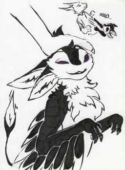 4_ears ambiguous_gender anthro begging_for_more black_body black_feathers black_fur black_sclera chest_tuft claws clothed clothing dialogue disembodied_hand duo ellipsis eye_roll feathered_wings feathers fingers fur hair headpat looking_pleasured male mostly_offscreen_character multi_ear nude open_mouth purple_eyes raised_arms shirt shirt_grab simple_background size_difference speech_bubble tail text tongue topwear tuft white_background white_body white_feathers white_fur winged_arms wings hilyasp fyr_(fenrir784) leaftail_(hilyasp) avali avian bird kobold scalie absurd_res graphite_(artwork) half-length_portrait hi_res marker_(artwork) mixed_media portrait russian_text spot_color traditional_media_(artwork) translated