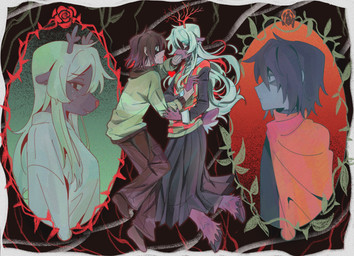 anthro blonde_hair blue_body blue_hair blue_skin bottomwear brown_body brown_fur brown_hair clothing duo female fur green_clothing green_shirt green_topwear hair hooves horn shirt skirt topwear goomyloid deltarune undertale_(series) kris_dreemurr noelle_holiday deer human mammal new_world_deer reindeer soul_(undertale) 2025 absurd_res hi_res