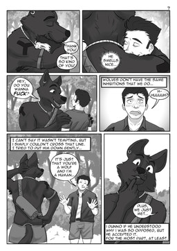 anthro comic_panel dialogue duo forest forest_background jewelry male nature nature_background necklace plant profanity propositioning shrub size_difference speech_bubble surprised tattoo text tree tribal tribal_clothing tribal_jewelry tribal_necklace tribal_tattoo alphasabre ansel_(alphasabre) silas_(alphasabre) canid canine canis human mammal wolf comic english_text greyscale hi_res monochrome