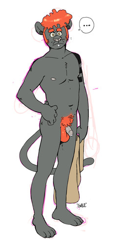 anthro arm_on_hip arm_tattoo balls black_body black_fur brown_eyes claws clothing ear_piercing ellipsis eyebrows facial_piercing finger_claws flesh_tunnel fur gauged_ear genital_piercing genitals hair holding_clothing holding_object holding_shirt holding_topwear labret_piercing lip_piercing long_tail looking_at_viewer male nude penis penis_piercing piercing pubes red_hair shirt simple_background solo tail tattoo toe_claws topwear whisker_spots white_background p_rindustries gale_(p_rindustries) felid mammal pantherine 1:2 2021 absurd_res guide_lines hi_res