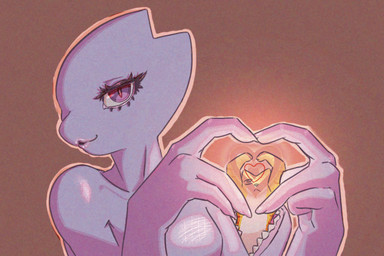 anthro female feral fur gesture heart_gesture heart_symbol orange_body orange_fur purple_body purple_skin solo nowu dari_(nowu) domestic_cat felid feline felis mammal 3:2 half-length_portrait portrait