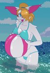 anthro ball beach_ball bikini bikini_bottom bikini_top blonde_hair blue_bikini blue_clothing blue_eyes blue_sky blue_swimwear blue_water breast_squish breasts clothing cloud female fur hair holding_ball holding_beach_ball holding_object inflatable looking_at_viewer obscured_eye piercing pink_inner_ear pink_nose ponytail sky solo squish string_bikini swimwear tongue tongue_out tongue_piercing two-piece_swimsuit water white_body white_fur sqrkyclean aqua_(sqrkyclean) felid feline mammal hi_res