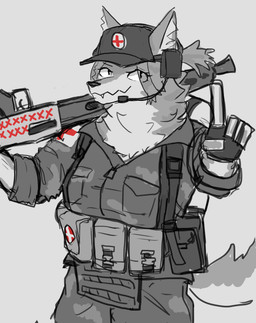 anthro biped breasts camo camo_clothing camo_print clothed clothing electronics female fully_clothed fur gesture gun hat headgear headphones headset headwear holding_object holding_weapon looking_at_viewer pattern_clothing ranged_weapon rifle simple_background smile solo standing weapon im51nn5 canid canine canis mammal wolf absurd_res hi_res monochrome spot_color