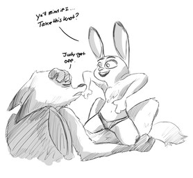 anthro clothed clothing dialogue duo ears_back ellipsis gloves_(marking) markings open_mouth open_smile panties pillow pivoted_ears question_mark reclining smile straddling text topless underwear akella disney zootopia judy_hopps nick_wilde canid canine fox lagomorph leporid mammal rabbit red_fox true_fox english_text monochrome sketch