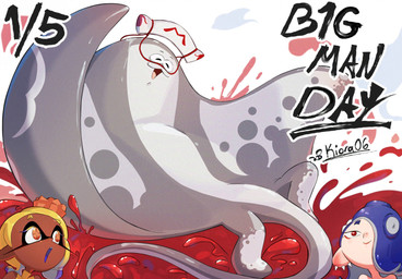 :3 anthro belly female flat_body grey_body group male slightly_chubby smile text trio kiora06 nintendo splatoon big_man_(splatoon) aquatic cephalopod fish humanoid inkling manta_ray mollusk octarian octoling ray_(fish) stingray english_text hi_res