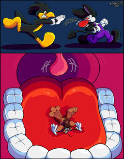 2_toes 3_toes 4_fingers anthro beak big_feet big_tongue blowing_raspberries cartoon_gloves clothing curling_toes eyewear feet fingers glasses group inside_mouth jealous long_tongue making_faces male male/male mawplay mocking overalls pawpads paws red_tongue shirt soft_vore soles spread_toes tail taunting teasing thick_tongue toes tongue toony topwear trio uvula vore wearing_glasses whiskers wide_tongue marquis2007 herman_(marquis2007) roderick_(tamerkoh) zak_(marquis2007) avian bird corvid corvus_(genus) crow imp lagomorph leporid mammal oscine passerine rabbit absurd_res alpha_channel hi_res multiple_scenes