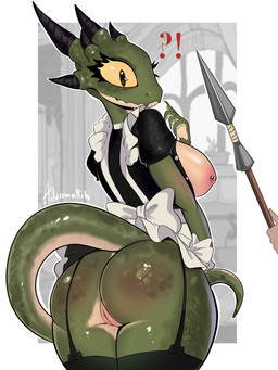 anthro big_breasts big_butt bottomless breasts butt clothed clothing female garter_straps genitals green_body green_scales horn interrobang maid_uniform melee_weapon nipple_piercing nipples no_underwear non-mammal_breasts non-mammal_nipples partially_clothed piercing polearm rear_view scales solo spear tail uniform vulva weapon adramallih microsoft the_elder_scrolls the_lusty_argonian_maid lifts-her-tail argonian reptile scalie 3:4 hi_res