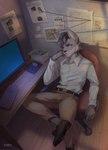 5_fingers agent anthro belt clothed clothing computer computer_keyboard computer_mouse desk detective electronics fingers footwear fur furniture hair male newspaper paper shoes solo table kirkir canid canine canis mammal wolf 2020 digital_drawing_(artwork) digital_media_(artwork) hi_res signature