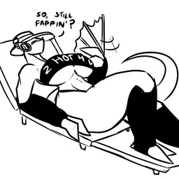 anthro asking big_breasts breasts chair claws clothing dialogue eyewear fanning female furniture hat headgear headwear lying on_back simple_background solo sunglasses talking_to_viewer text text_on_clothing thong under_boob underwear white_background gonda k.o.mondo komodo_dragon lizard monitor_lizard reptile scalie 1:1 english_text monochrome
