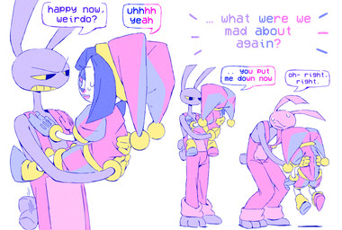 anthro black_eyes black_hair blue_clothing blue_eyes blue_gloves blue_handwear blush blush_stickers bodily_fluids carrying_another clenched_teeth clothed clothing duo eyelashes fool's_hat fur gloves hair handwear hat headgear headwear jester jester_outfit long_ears multicolored_eyes overalls purple_body purple_ears purple_fur purple_tail red_clothing red_eyes red_gloves red_handwear scut_tail short_hair short_tail simple_background speech_bubble sweat sweatdrop tail tail_motion tailwag teeth text two_tone_eyes white_background yellow_clothing yellow_gloves yellow_handwear yellow_sclera yellow_teeth chergeegee glitch_productions the_amazing_digital_circus jax_(tadc) pomni_(tadc) humanoid lagomorph leporid mammal rabbit english_text hi_res