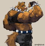 anthro belt biceps bottomwear bracelet brown_body clothed clothing collar crop_top deltoids flexing flexing_bicep gloves handwear jewelry male muscular muscular_anthro muscular_male pants shirt simple_background solo spiked_bracelet spiked_collar spikes tail topwear aokamidu igor_(jim55) gopher mammal rodent 2024 hi_res