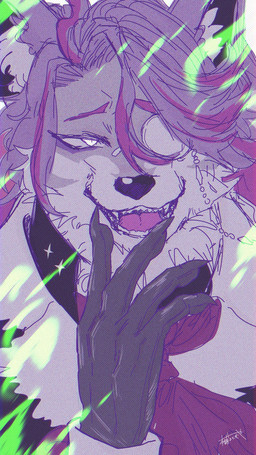5_fingers anthro clothing colored_fire eyewear fancy_clothing fingers fire fur gloves green_fire hair handwear looking_at_viewer male monocle multicolored_body multicolored_fur open_mouth purple_body purple_fur solo teeth tongue topwear two_tone_body two_tone_fur xxllyomogillxx compass_(combat_providence_analysis_system) charles_richter_(compass) canid canine canis mammal wolf 2026 9:16 absurd_res hi_res
