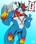 abs anthro blue_body clothing cosplay countershading crop_top exclamation_point featureless_crotch horn male muscular muscular_anthro muscular_male pecs shirt solo topwear wings grakerrbraconc bandai_namco digimon digimon_(species) exveemon flamedramon scalie hi_res