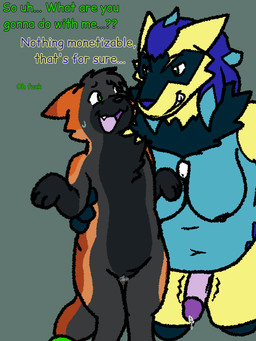 accessory anthro anthro_on_feral aroused bedroom_eyes bestiality bodily_fluids breasts dialogue duo fangs female feral furgonomics genital_fluids genitals gynomorph holding_up_other_character humanoid_genitalia humanoid_penis imminent_sex intersex intersex/female kneeling meta_humor narrowed_eyes nervous nervous_smile nervous_sweat on_hind_legs penis pokemorph precum profanity seductive semi-selfcest smirking_at_partner sweat tail tail_accessory teeth text throbbing throbbing_penis vaginal_fluids vulva cringefailfurry nintendo pokemon lemon_(cringefailfurry) vienn_(cringefailfurry) canid canine cross_fox eeveelution fox generation_4_pokemon generation_5_pokemon glaceon hybrid_pokemon lucario mammal pokemon_(species) red_fox true_fox zoroark 3:4 english_text