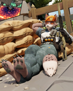 3_toes anthro barefoot black_pawpads bottomwear brown_body brown_fur brown_hair claws clothed clothing day eyebrows feet foot_fetish foot_focus fur hair hat headgear headwear hindpaw looking_at_viewer lying male muscular orange_eyes outside pants pawpads paws shirt solo tail toes topwear coldwhim3d riot_games tencent valorant brimstone brimstone_(valorant) coldwhim canid canine fox mammal 3d_(artwork) 4:5 absurd_res digital_media_(artwork) hi_res
