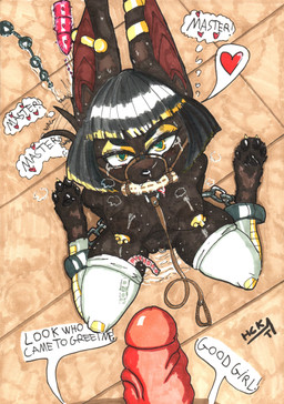 4_toes anal_beads anthro barefoot bdsm bit_gag bodily_fluids bondage bound chain chained clothing condom condom_wrapper cuff_(restraint) dialogue digitigrade dildo dominant dominant_human dominant_male duo ear_piercing feet female first_person_view gag gold_(metal) gold_jewelry good_girl halter hands_behind_back harness harness_bit_gag harness_gag heart_symbol jewelry kneeling leash leashed_female legwear looking_at_viewer male male/female muzzle_(object) nude nude_female piercing restraints sex_toy sexual_barrier_device shackles soles speech_bubble stockings submissive submissive_female tail tail_motion tailwag text thigh_highs toes yellow_eyes hcrimsonknight anubian_jackal canid canine canis human jackal mammal 2024 english_text hi_res signature traditional_media_(artwork)