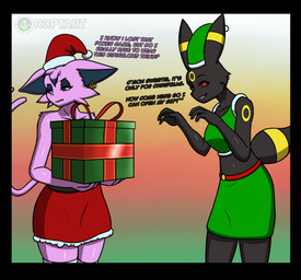 anthro black_body black_fur box christmas_clothing christmas_headwear clothing container ear_piercing ear_ring eyeshadow female fur gift_box gift_wrapped green_clothing hat headgear headwear holidays makeup piercing pink_body pink_fur pokemorph purple_eyes red_eyes ring_piercing santa_hat smile text r3ptart christmas nintendo pokemon fan_character eeveelution espeon generation_2_pokemon pokemon_(species) umbreon absurd_res hi_res