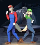 anthro blue_body blue_clothing blue_fur blue_overalls brown_clothing brown_eyes brown_footwear brown_nose brown_shoes cherryton_academy clothing cosplay crossover_cosplay dancing dim_lighting duo fake_mustache fist floor floppy_ears fluffy fluffy_tail footwear fountain front_view fur gesture gloves green_cap green_clothing green_shirt green_topwear hand_gesture handwear kemono looking_at_viewer luigi_hat male mario_hat night open_mouth outside overalls plant pointing pointing_at_viewer red_cap red_clothing red_shirt red_topwear school shadow shirt shoes shrub smile standing stone_floor tail tile tile_floor topwear white_clothing white_gloves white_handwear yellow_body yellow_fur tommysamash beastars mario_bros netflix nintendo jack_(beastars) legoshi_(beastars) luigi mario bird_dog canid canine canis domestic_dog golden_retriever hunting_dog mammal retriever wolf artist_name cel_shading crossover hi_res shaded