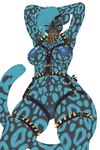 alternative_fashion anthro blue_body breasts cage_muzzle collar female genitals hands_behind_head harness mostly_nude multicolored_body muzzle_(object) pussy simple_background solo spiked_collar spikes two_tone_body white_background wire_basket_muzzle reina. riley_(rileyblackcat) felid jaguar mammal pantherine 2021 hi_res