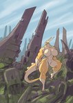 2021 anthro big_breasts blue_eyes breasts cloud conditional_dnp featureless_breasts featureless_crotch female horn huge_breasts jollyjack kaiju non-mammal_breasts nude outside reptile ruins scales scalie sky solo tail tan_body tan_scales yellow_body yellow_scales